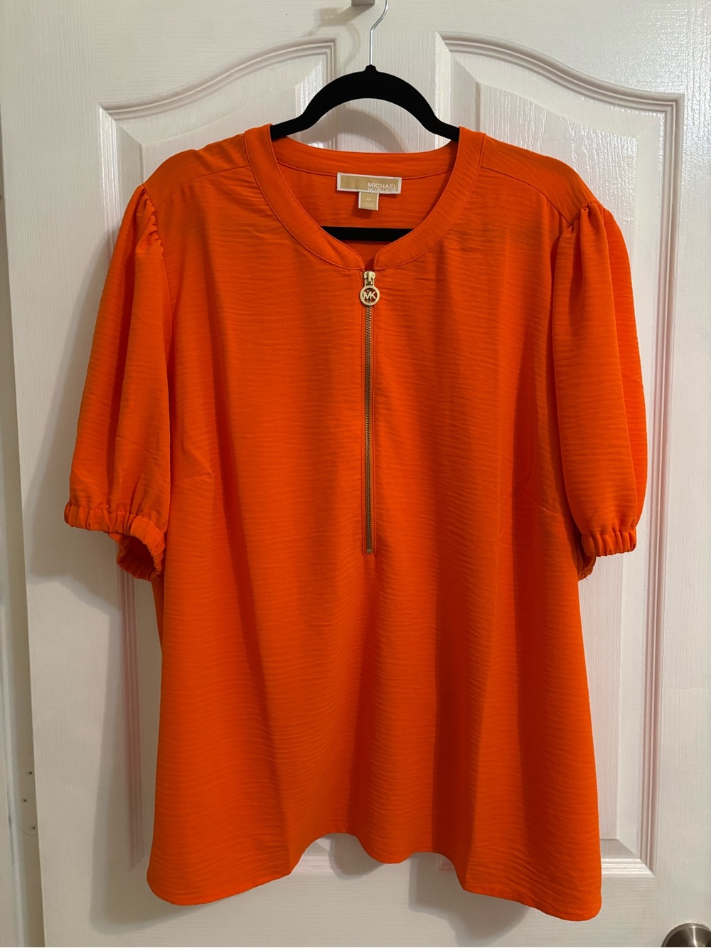 Michael Kors Bright Orange Puff-Sleeve Zip Front Blouse